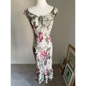 Vintage Mannequines Silk Floral Midi Dress Sage Green Pink Cottagecore Medium